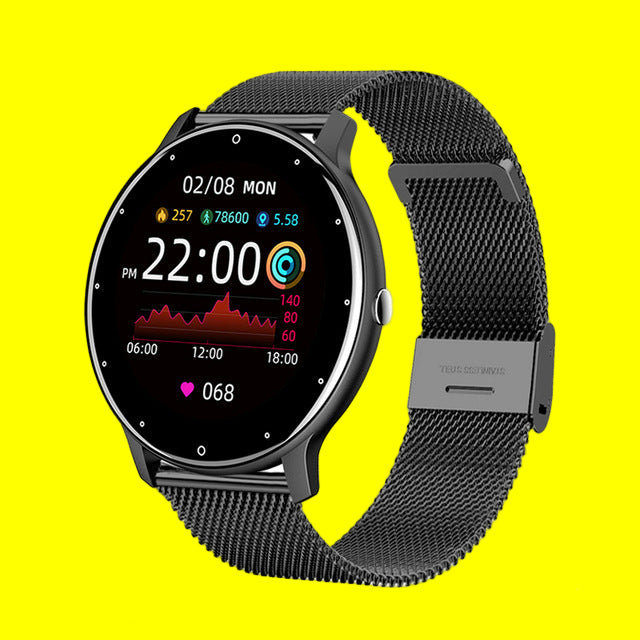 Smartwatch with black Milanese loop strap on a white background